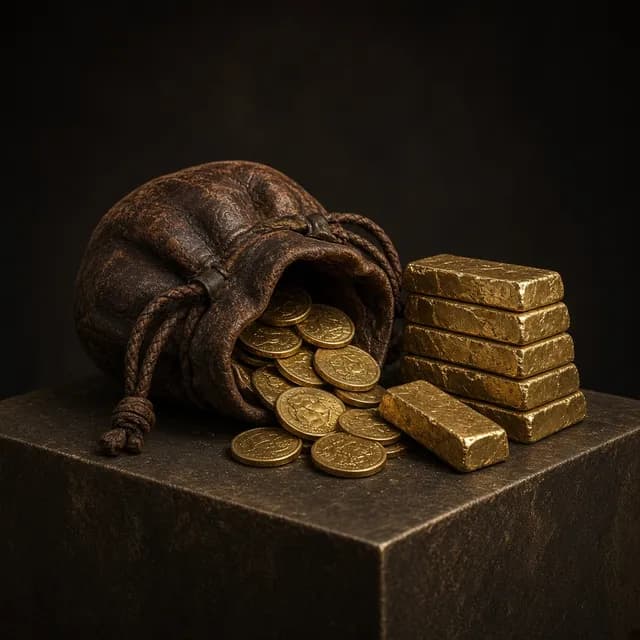 Leren buidel met gouden munten en staven